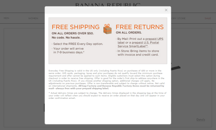 Free shipping and free returns offer from Banana Republic