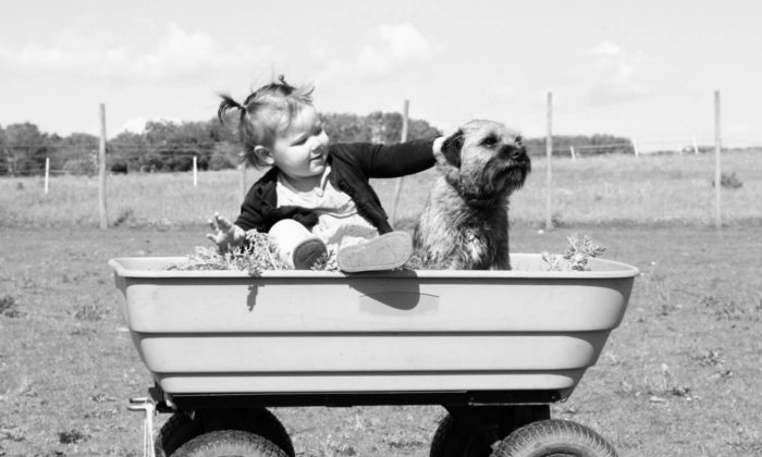 Black and white shot of a young girl with a dog riding in a wagon
