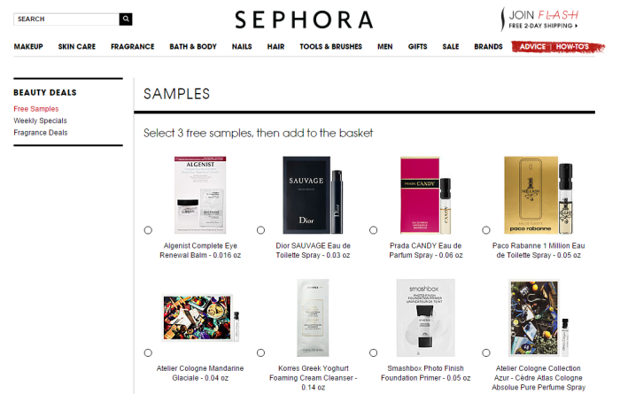 Sephora offers free samples. The image shows that you can select three free samples and add too basket before purchasing.