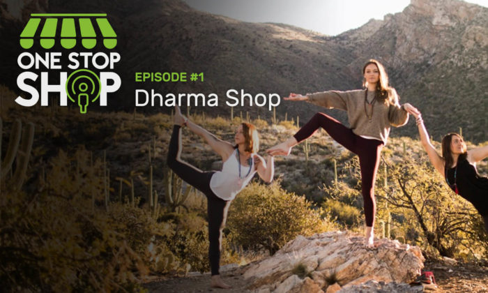 Episode #1 with Dharma Shop. 3 women standing on rocks in front of a desert mountain scape. They are all doing yoga poses and are connected by holding hands or feet.