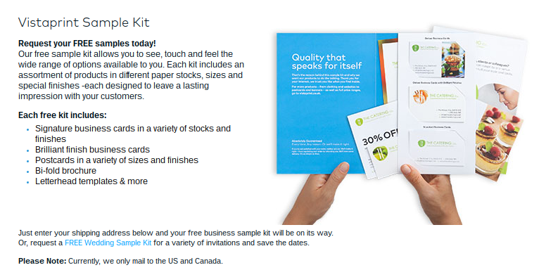 Vistaprint sample kit including: business cards, postcards, brochure and letterhead template.