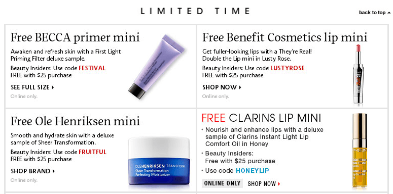 Limited time offers for beauty products. Including: primer, moisturizer, lipstick and chapstick