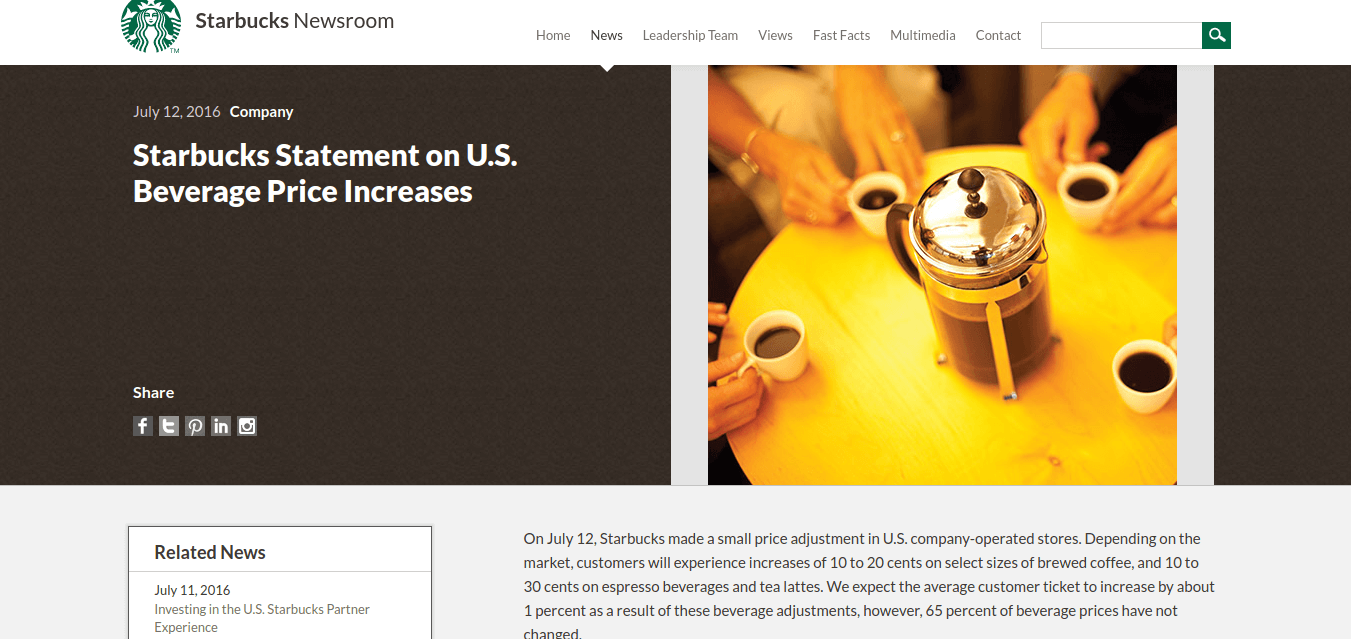 Starbucks statement on US beverage price increase
