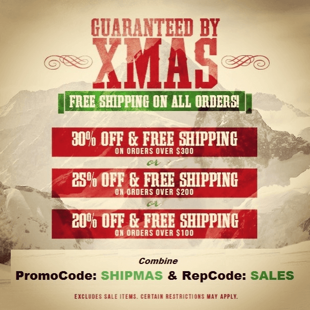 Guaranteed by Xmas: free shipping on all orders. Plus different discount examples with promo code at the bottom and repcode.