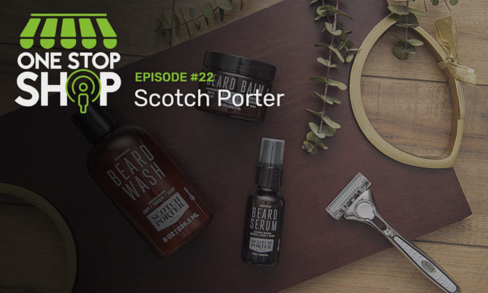 Episode #22 with Scotch Porter. Beard balm, wash and serum on a table with a razor