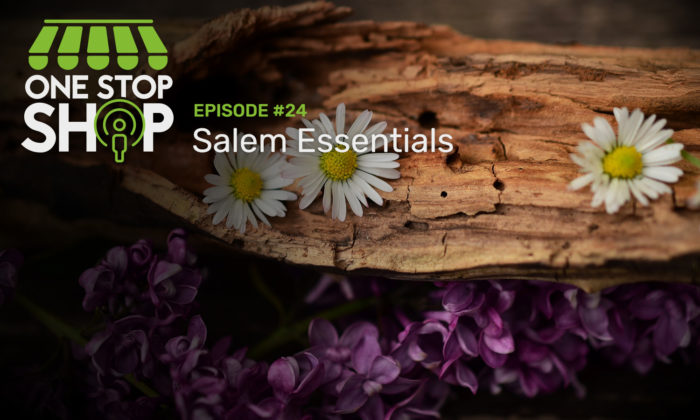 Episode #24 with Salem Essentials. White flowers on top of wood and below are purple flower leaves