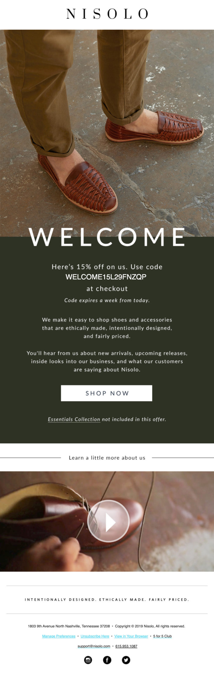Nisolo's welcome email with a 15% off coupon and explanation of what the newsletters will contain