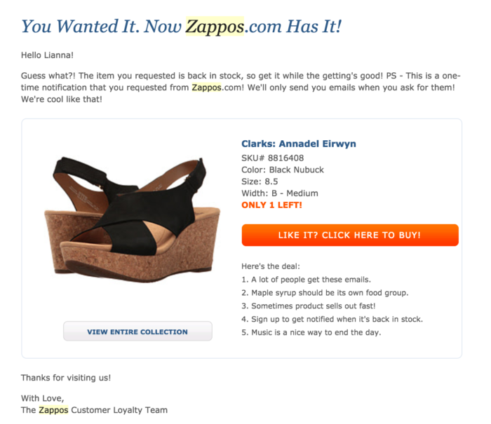 zappos back in stock announcement