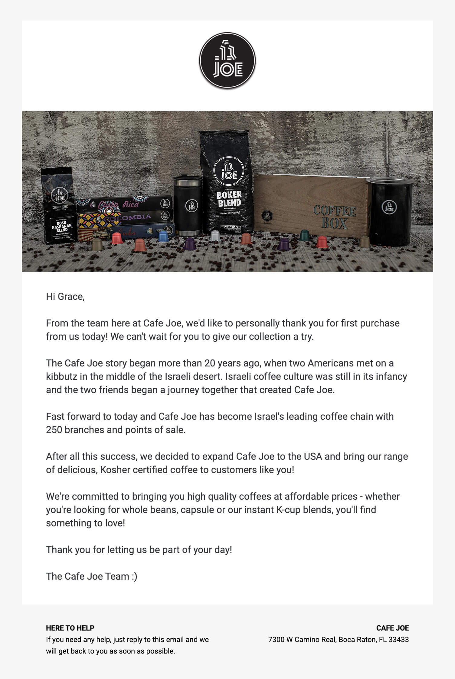 Email from ecommerce store Cafe Joe with a story about their brand to welcome new subscribers.