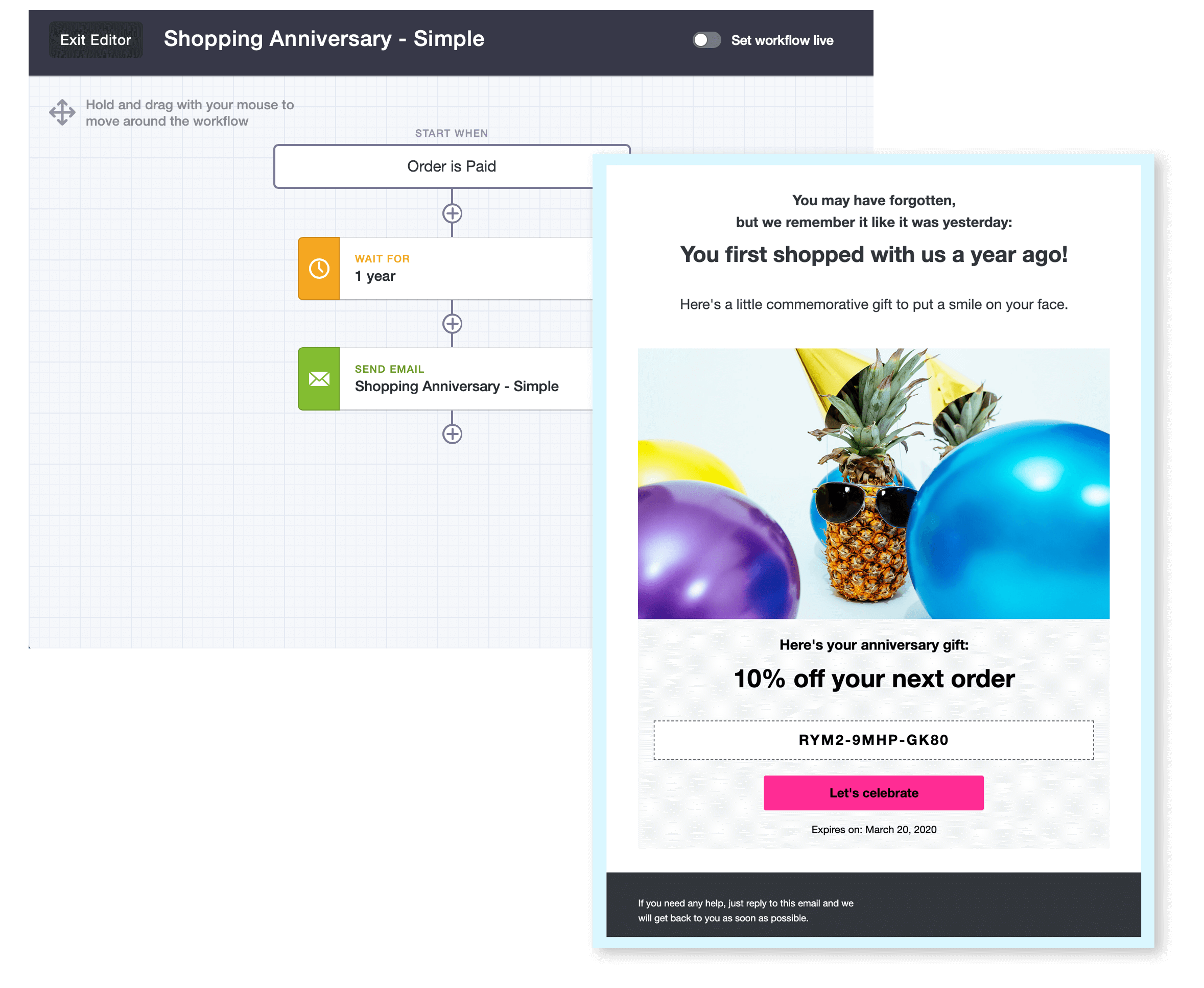 CM Commerce premade workflow, with an accompanying email template for anniversary incentives