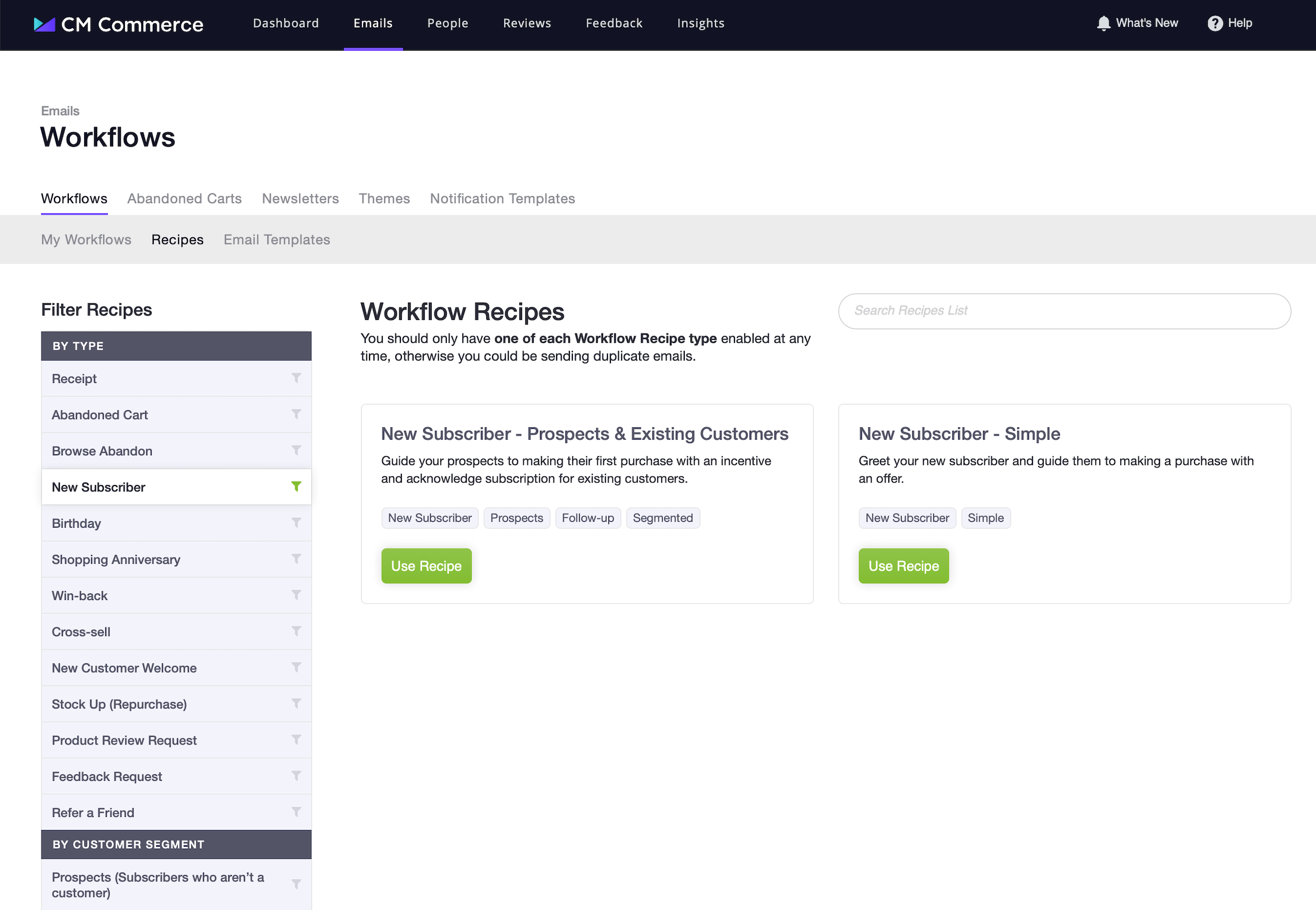 Screenshot showing CM Commerce library of workflow recipes