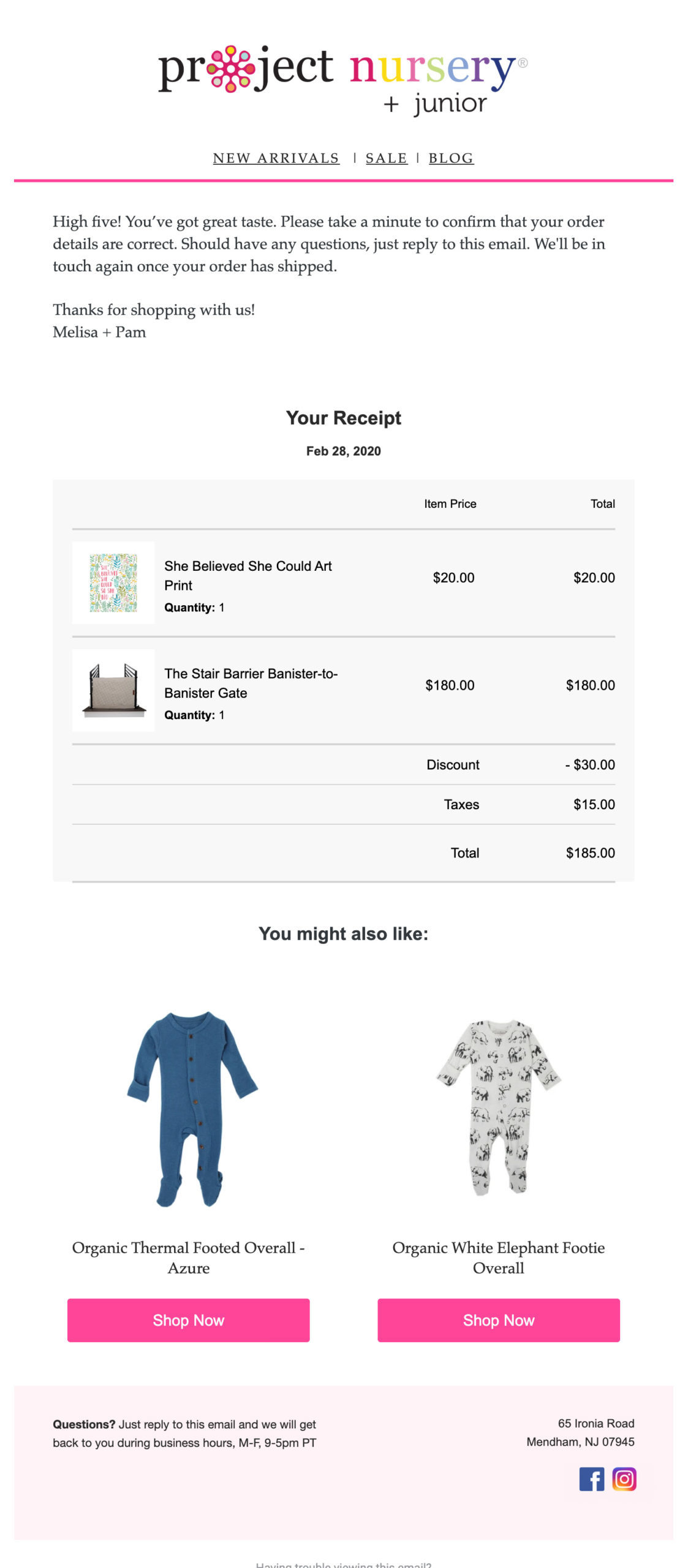 email from CM Commerce customer Project Nursery, showing an upsell module (product recommendations) displaying underneath a receipt.
