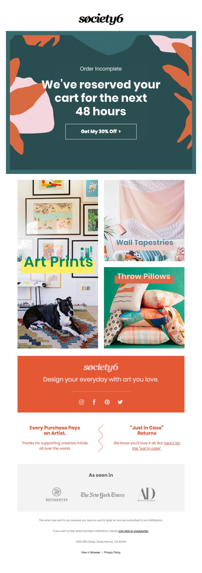 Abandoned cart email examples for 2020: Society6
