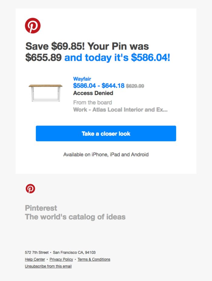Abandoned cart email examples for 2020: Pinterest